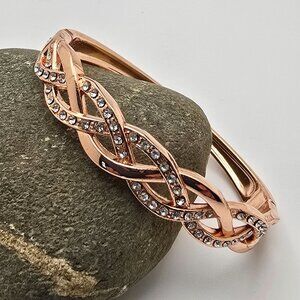 Rose Gold‑Tone Braided Hinged Bracelet 6.75" Rhinestone Accents Layered Design